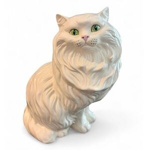 Vintage 1987 Large White Persian Cat Green Eyes Sitting Ceramic Statue Figurine